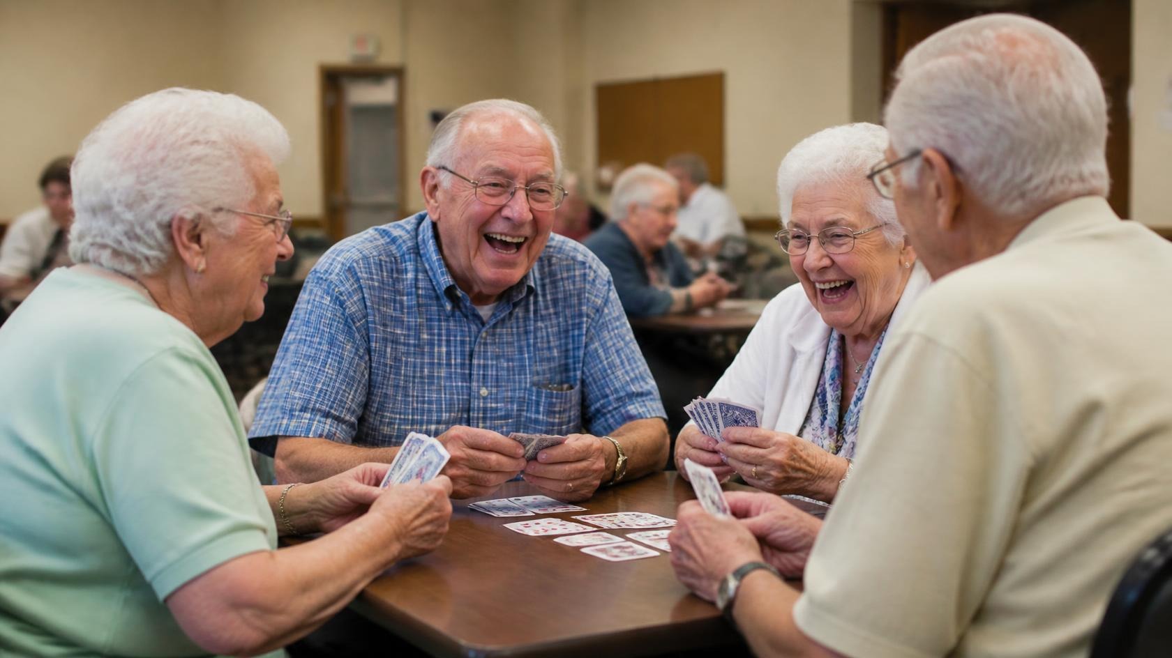 A group of elderly friends laughing together during a card game at a community center