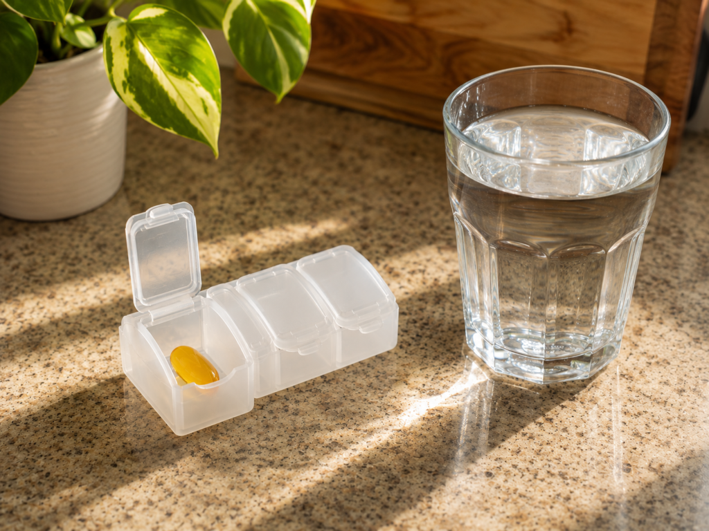 A vitamin D supplement capsule in a pill organizer beside a glass of water