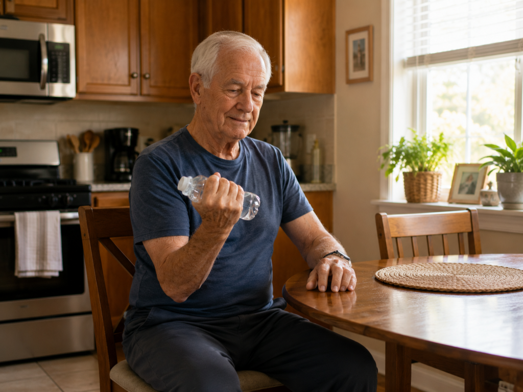 An elderly man using a water bottle as a light weight during a seated arm exercise