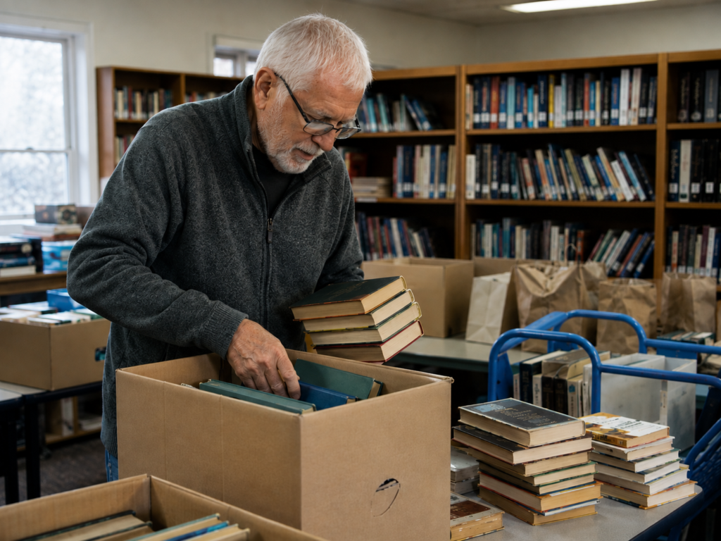 An elderly man volunteering to sort donated books at a community library