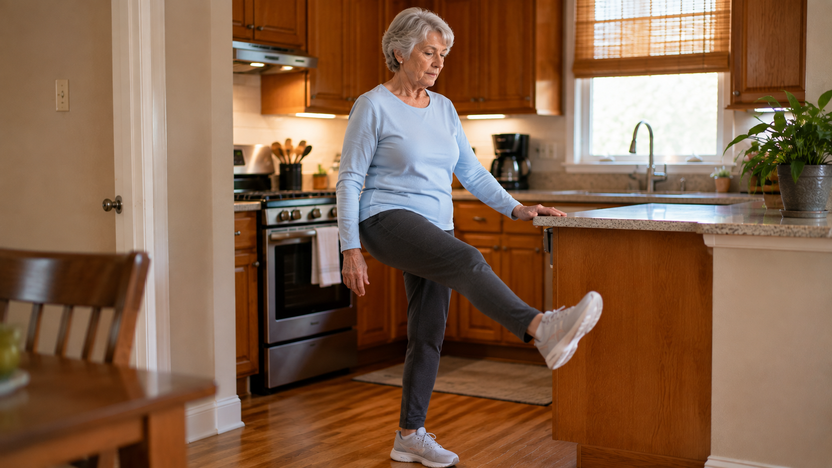 An elderly woman practicing a standing leg raise using her kitchen counter for support