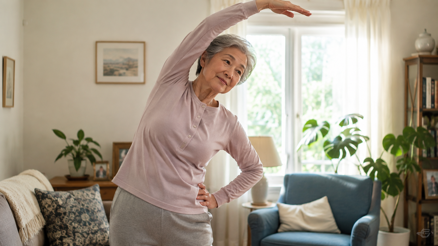 An elderly woman doing an overhead side stretch in her living room