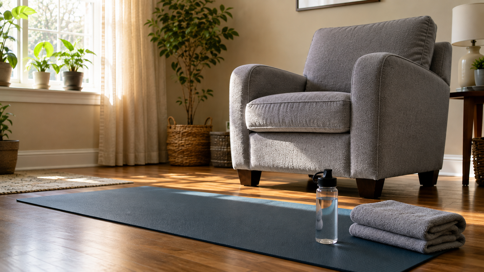 A prepared home exercise setup with a mat, water bottle, and chair for support