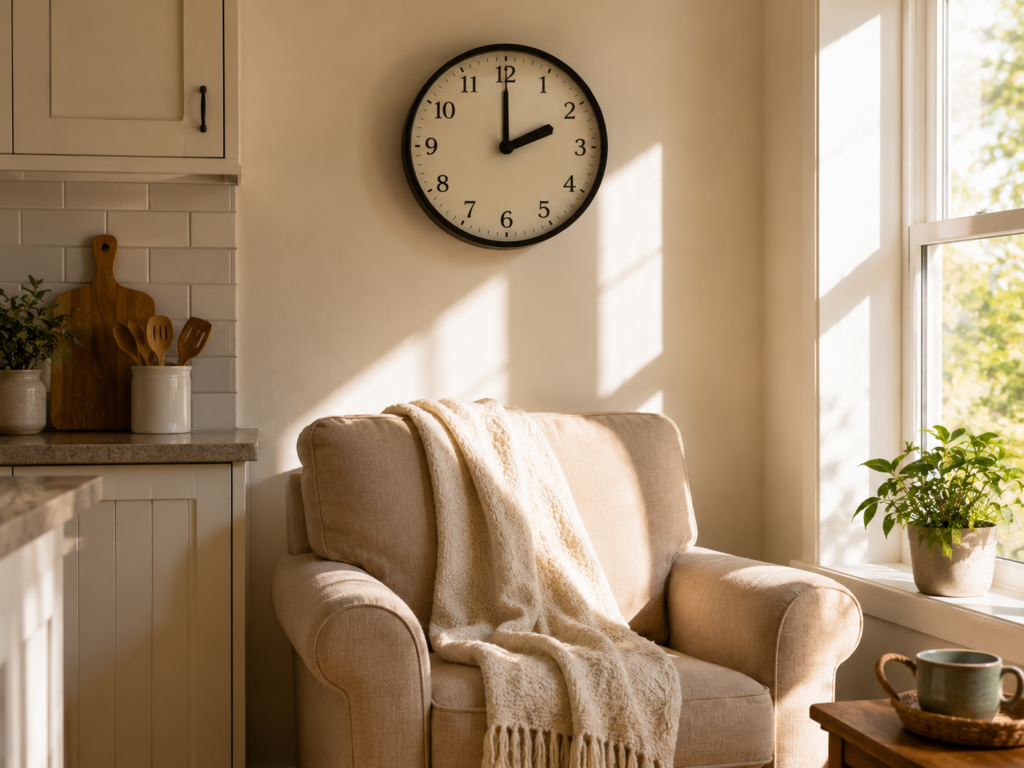 A clock reading early afternoon above a sunlit armchair with a blanket