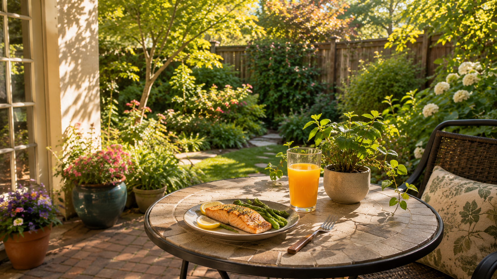 A sunlit patio table with grilled salmon and orange juice