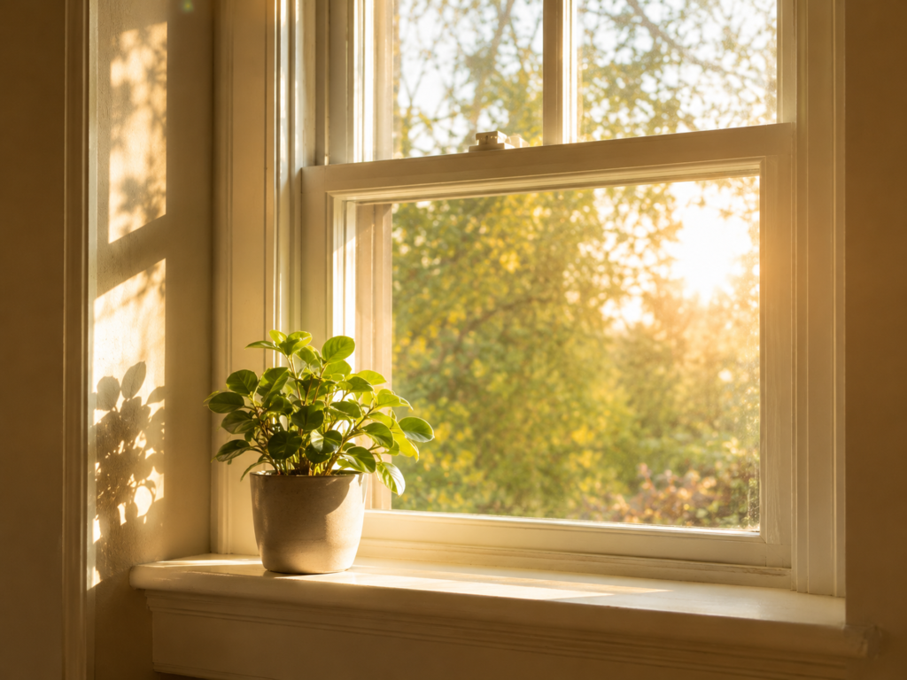 Warm sunlight streaming through a window onto a potted plant