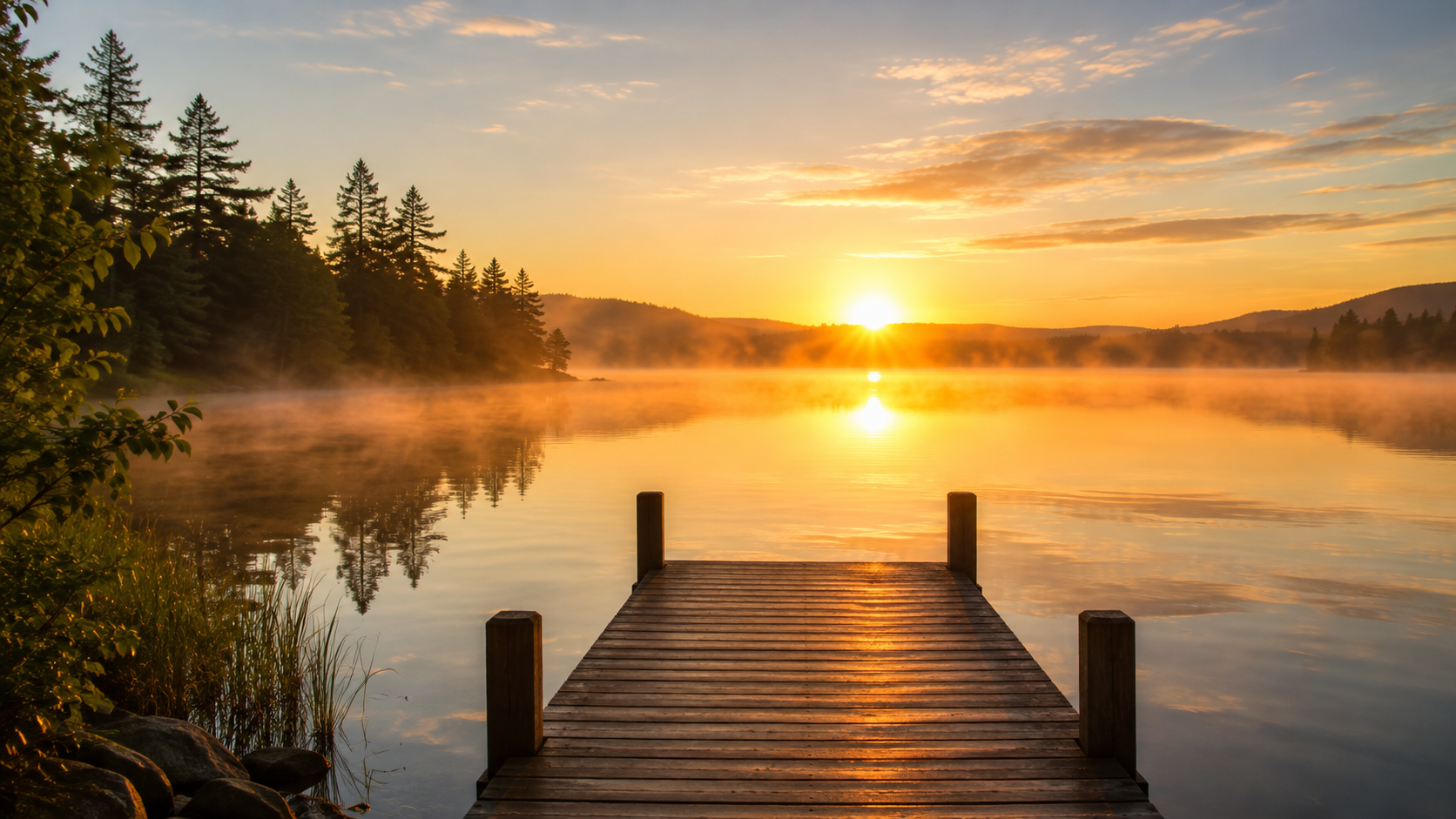 A sunrise over a quiet lake with mist rising off the water