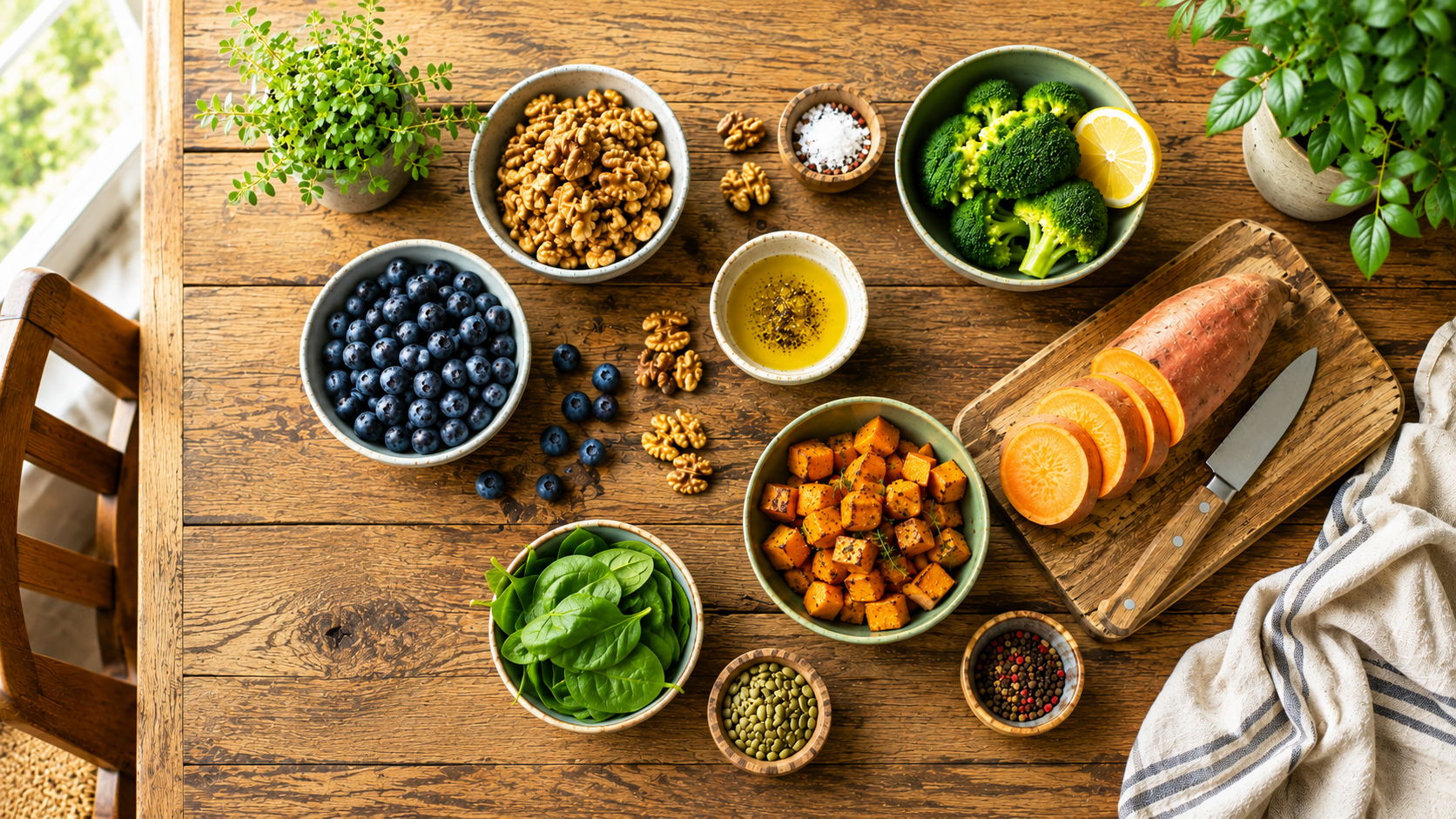 A colorful spread of blueberries, walnuts, sweet potatoes, and olive oil on a table