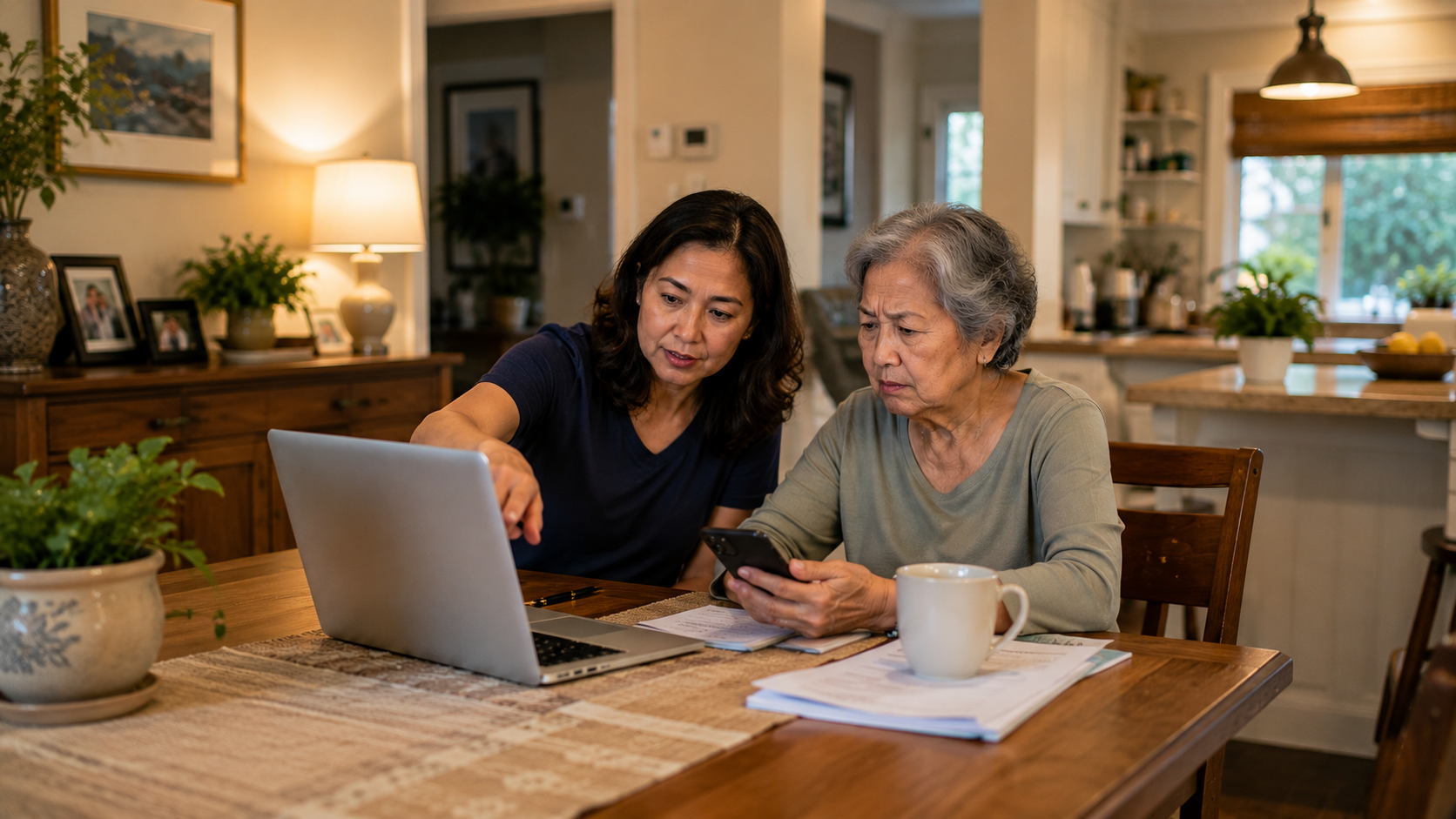 An elderly woman and her adult daughter reviewing a suspicious phone call together