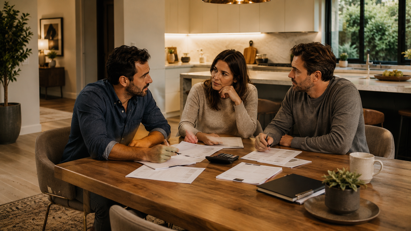 Three adult siblings discussing finances together around a kitchen table