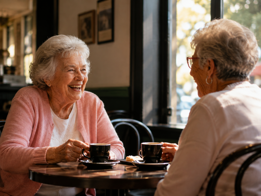 Two elderly friends laughing together during a conversation at a cafe.