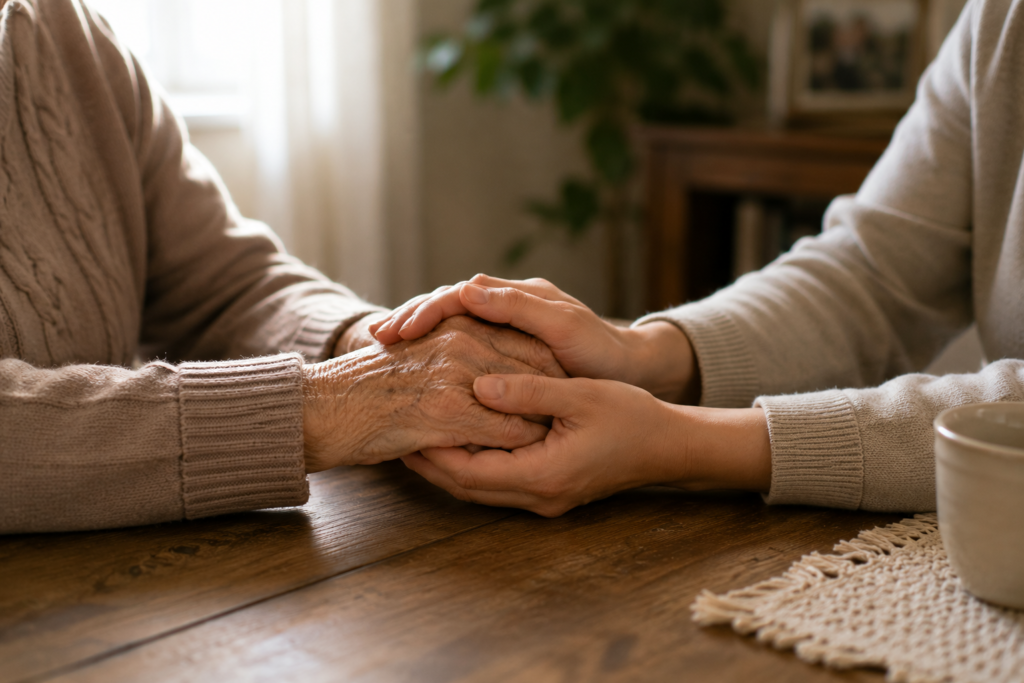 An elderly hand and a younger hand clasped together gently