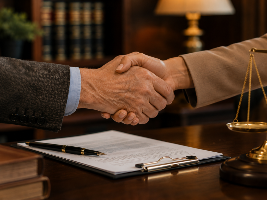 Two hands shaking over a desk with legal documents visible