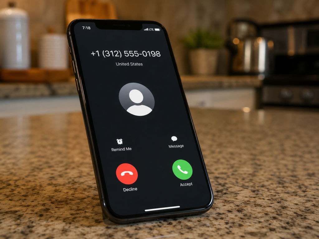 A smartphone showing an incoming call from an unknown number