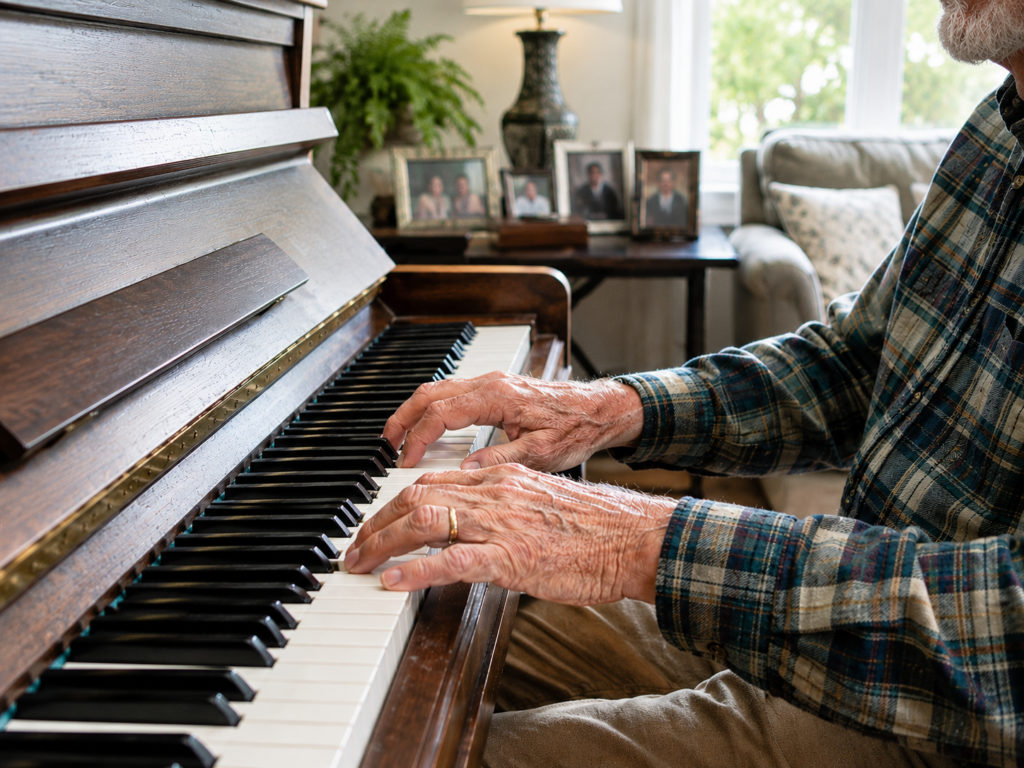 An elderly man's hands playing an upright piano