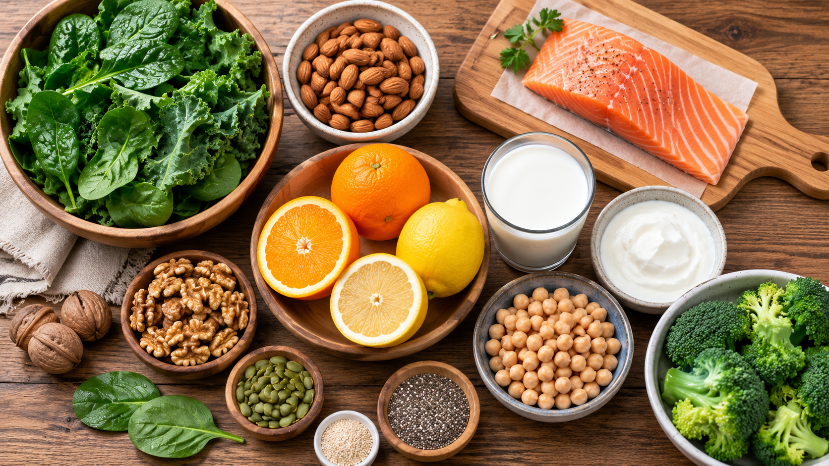 A variety of bone-supporting foods including leafy greens, nuts, citrus, and salmon arranged on a table