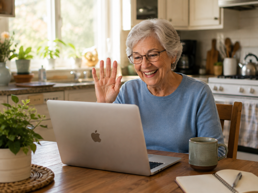 An elderly woman smiling and waving during a video call with family.