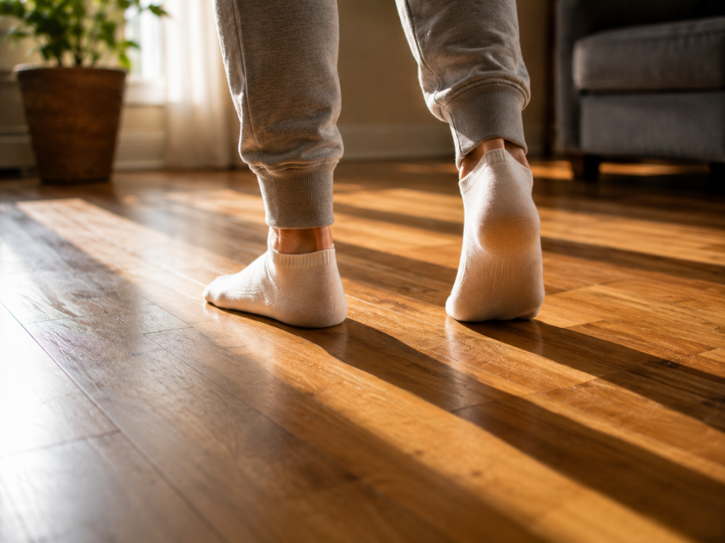 A pair of feet caught mid-step while marching in place as a warm-up.