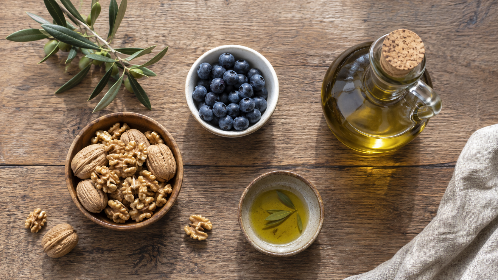 Bowls of walnuts and blueberries with olive oil arranged on a table
