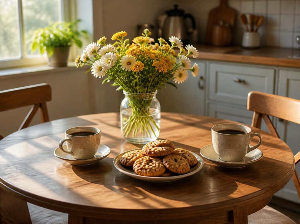 A small kitchen table set for coffee with cookies and fresh flowers