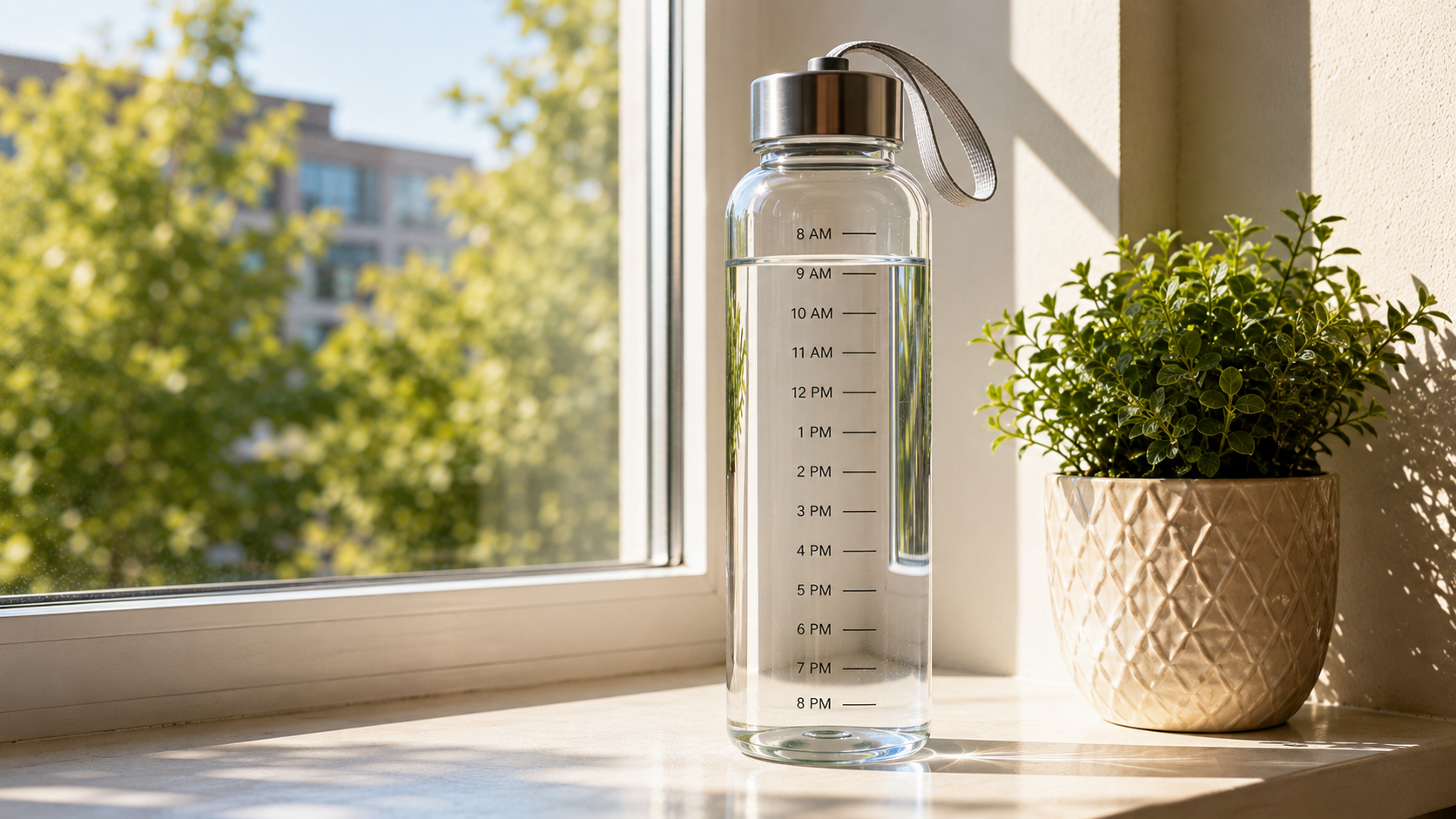 A water bottle with time markers on a sunlit windowsill