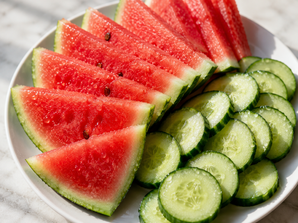 Sliced watermelon and cucumber arranged on a plate