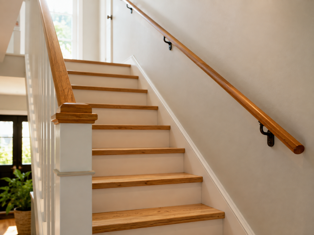 A well-lit staircase with a sturdy handrail in a home