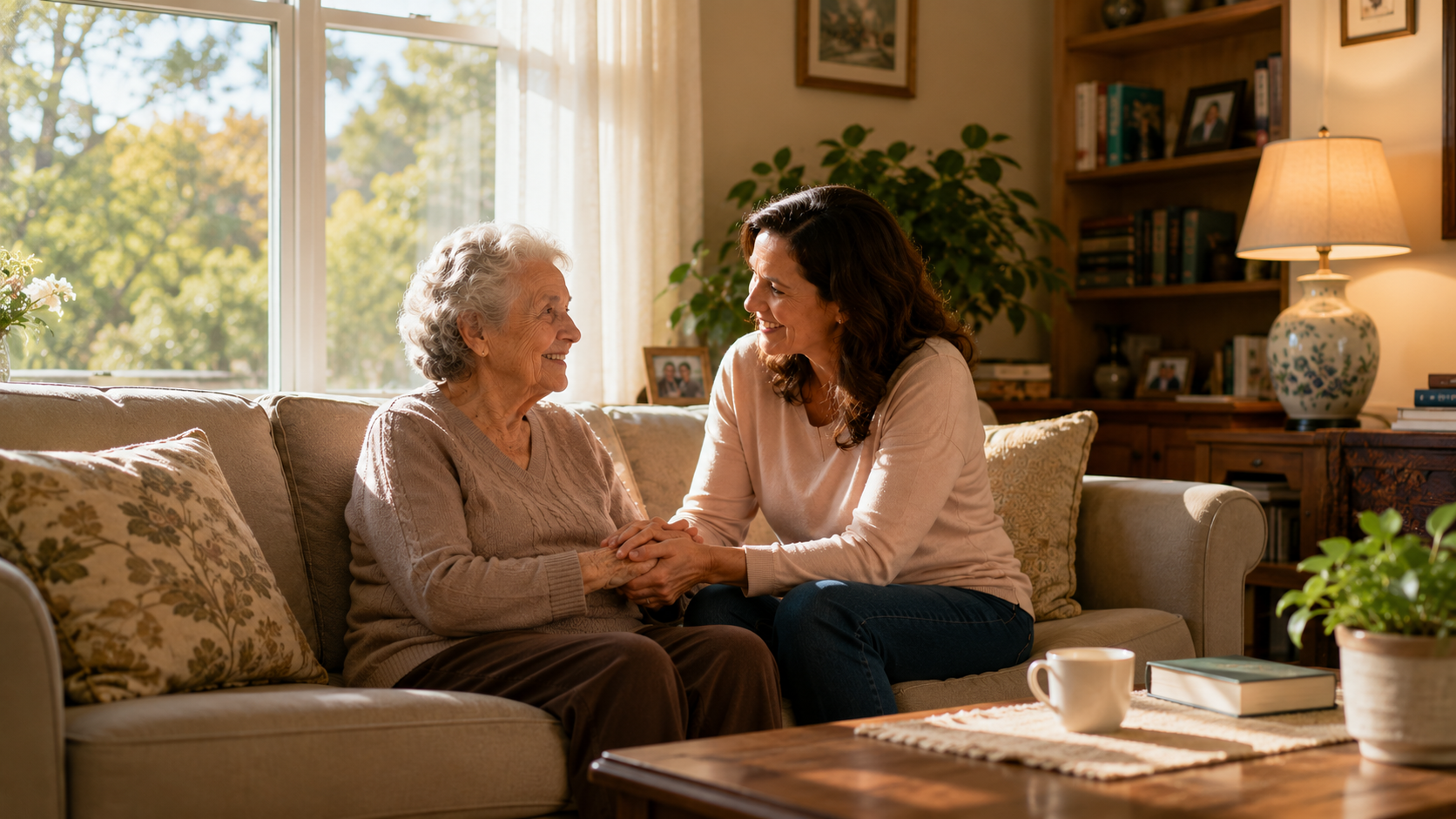 An adult daughter gently holding her elderly mother's hands while smiling together