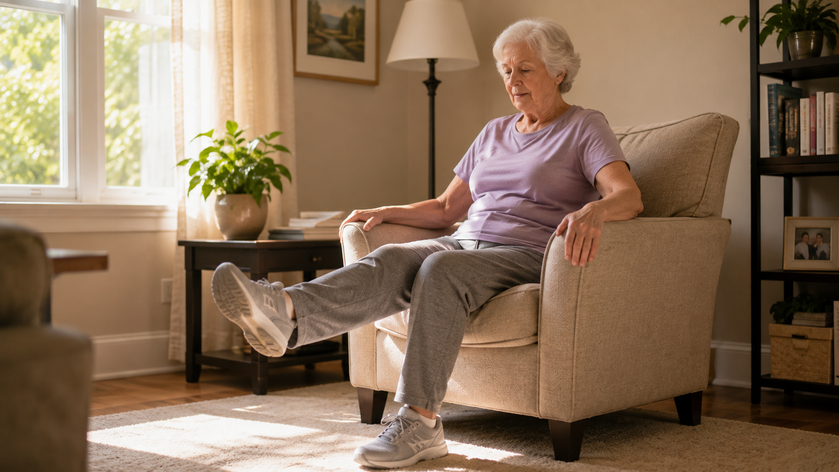 An elderly woman doing a seated knee extension exercise in her living room chair