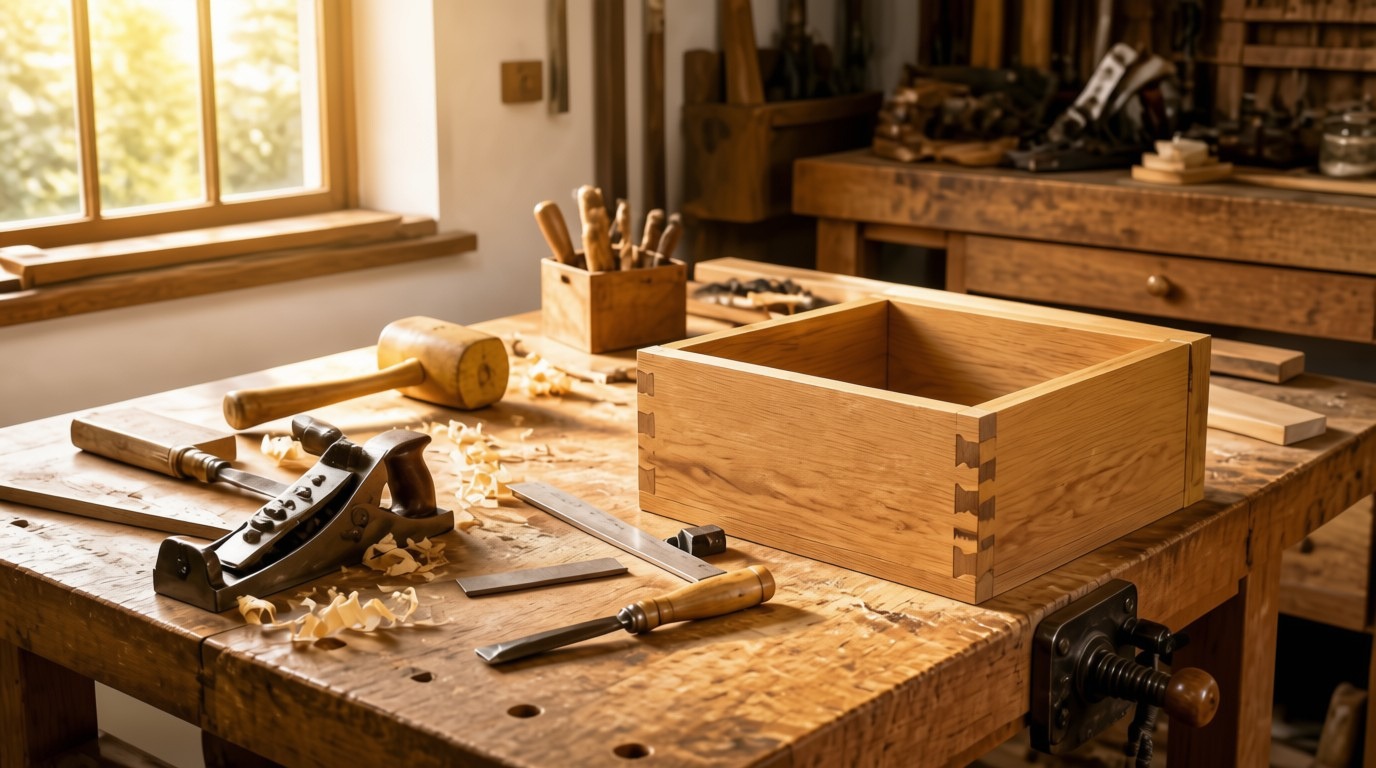 A workshop table with woodworking tools and a half-finished project