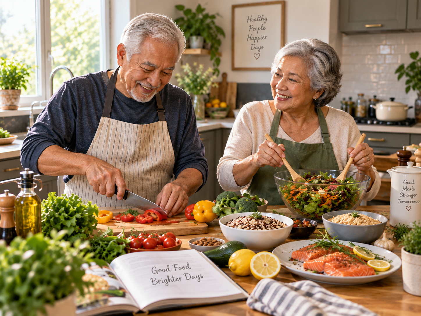 Senior couple smiling while preparing a heart-healthy meal together in their kitchen, following a heart-healthy diet for seniors