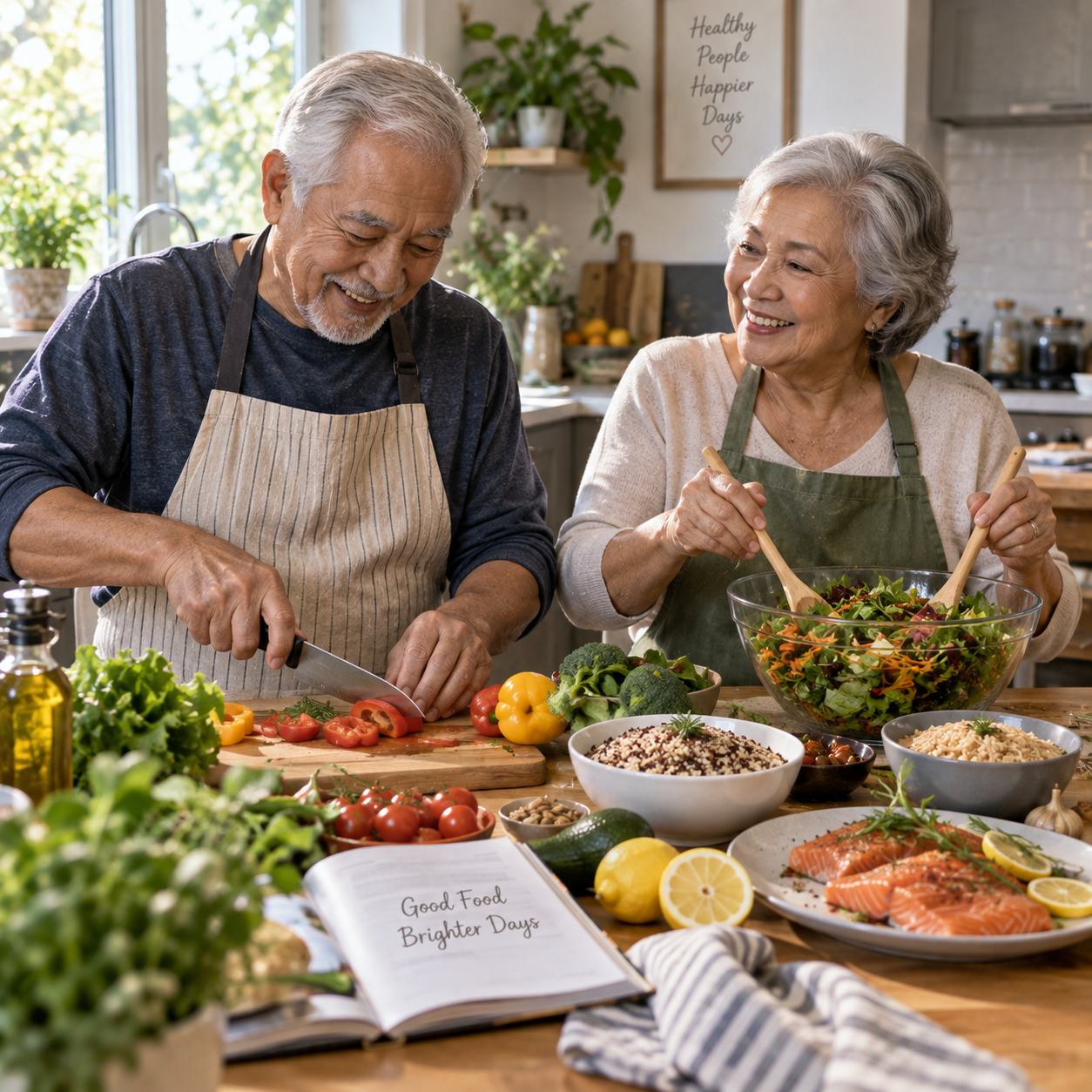 Senior couple smiling while preparing a heart-healthy meal together in their kitchen, following a heart-healthy diet for seniors