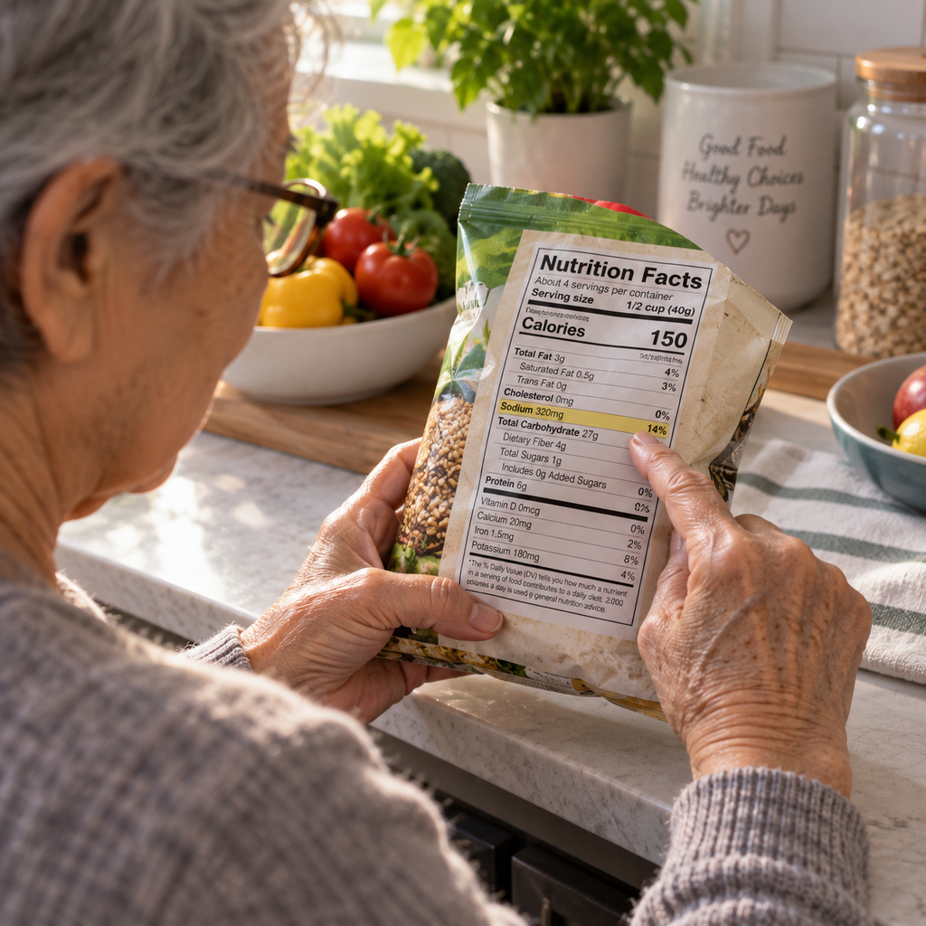 Senior reading a nutrition label to check sodium content as part of a heart-healthy diet for seniors